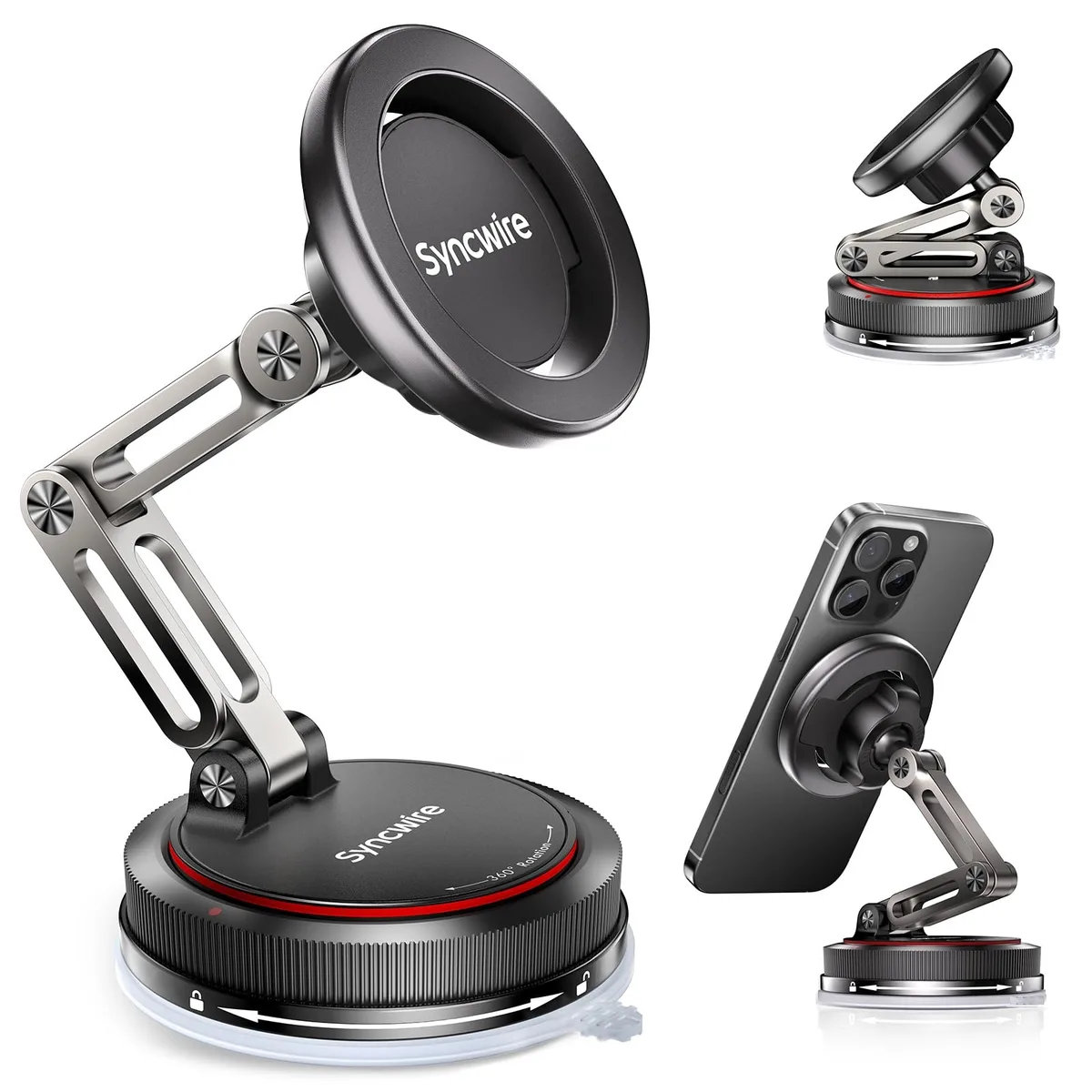 Matte black MagSafe car mount with three-axis folding arm and suction cup base