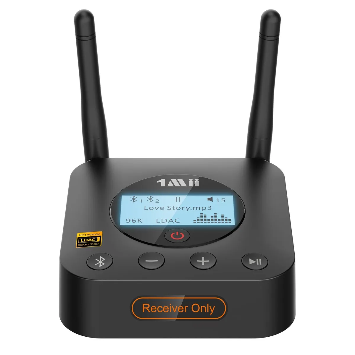 Black rectangular Bluetooth 5.3 audio receiver with LCD display and dual antennas