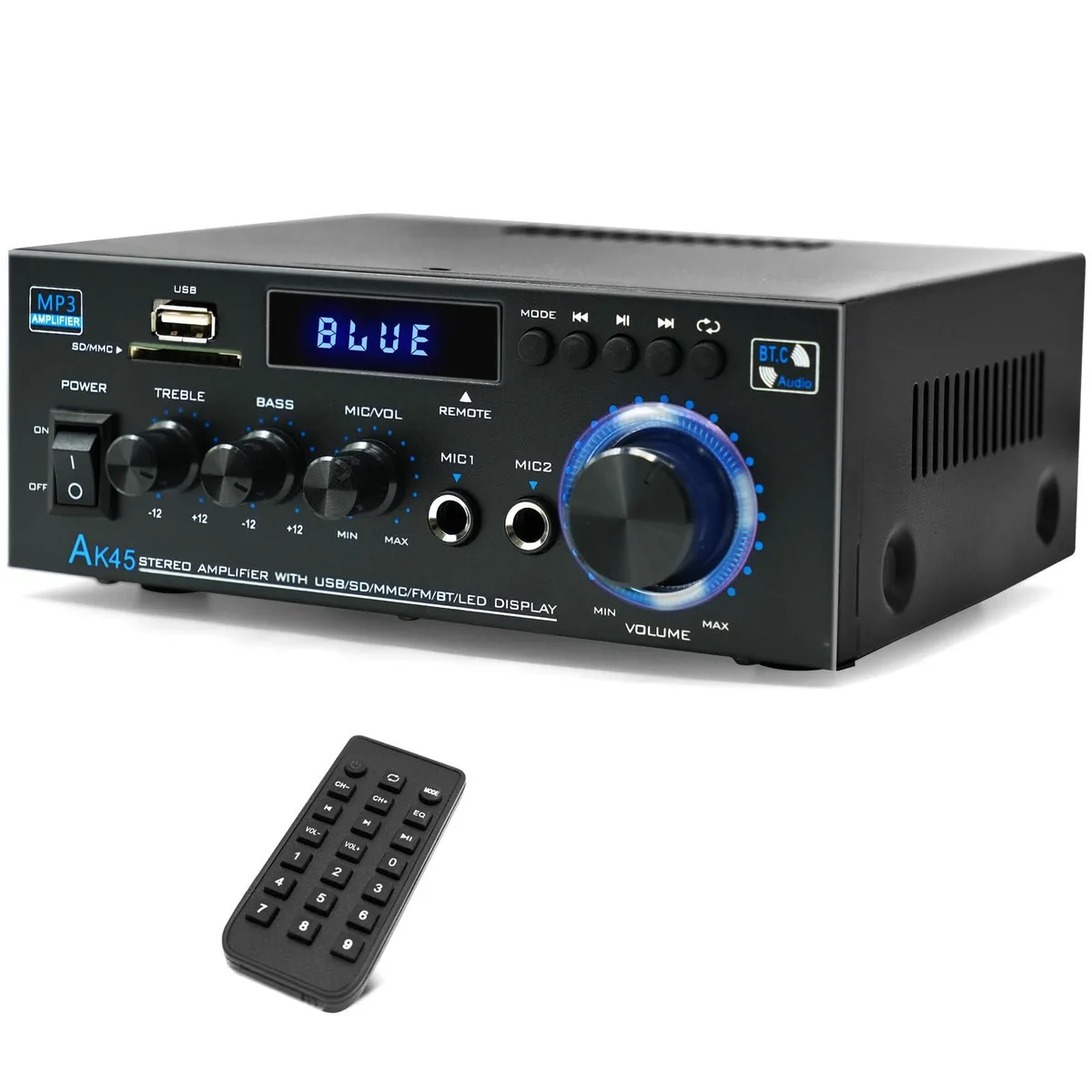 Compact black stereo amplifier with front knobs and remote control