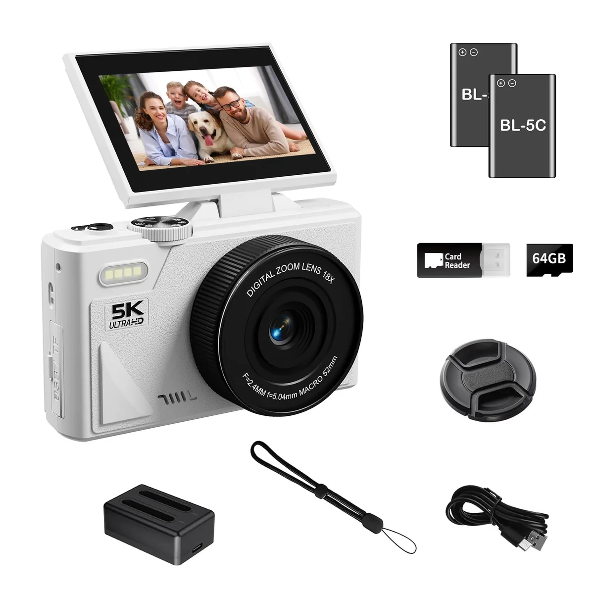  Lenane W1-Black 75MP 5K shoot camera 18x zoom 3" flip screen 64GB card — product photo