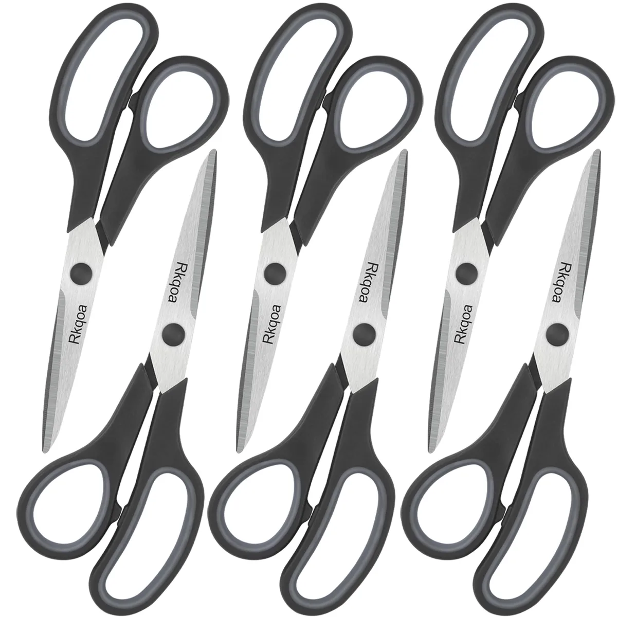 Six black 8-inch stainless steel scissors with straight blades and black handles