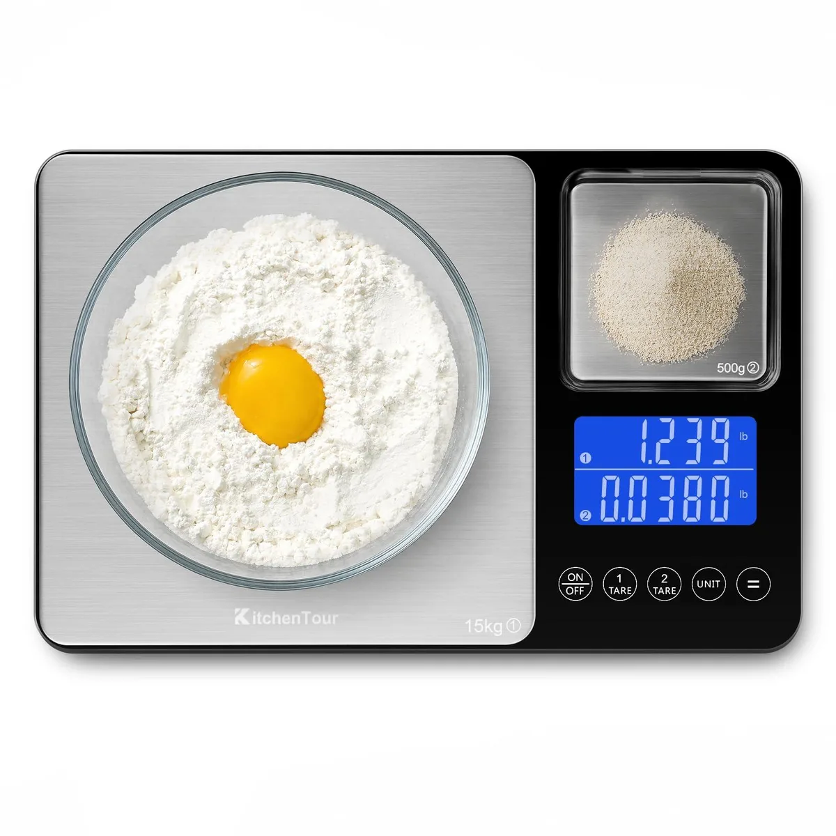 Black dual-platform digital scale with backlit LCD display, 10.63 by 7.09 by 1.1 inches