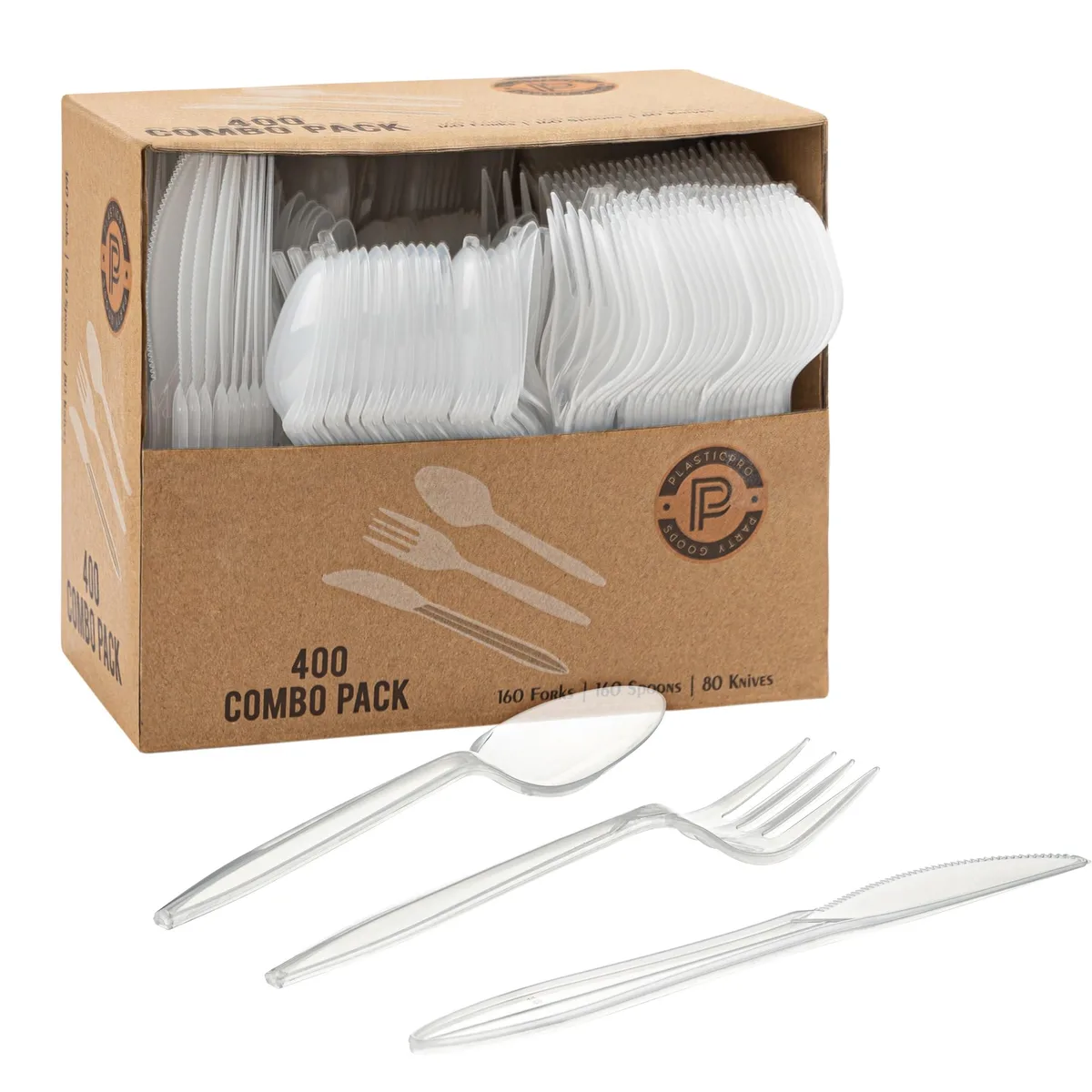 Transparent plastic cutlery set, 400 pieces in bulk packaging