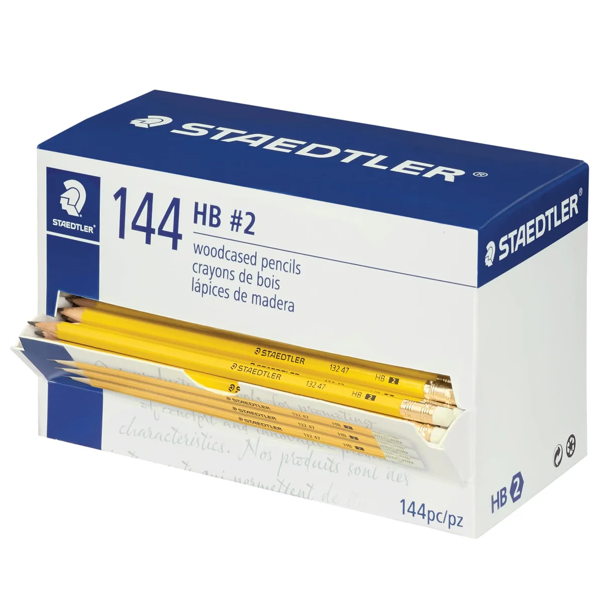 Box of 144 yellow hexagonal wooden pencils with erasers