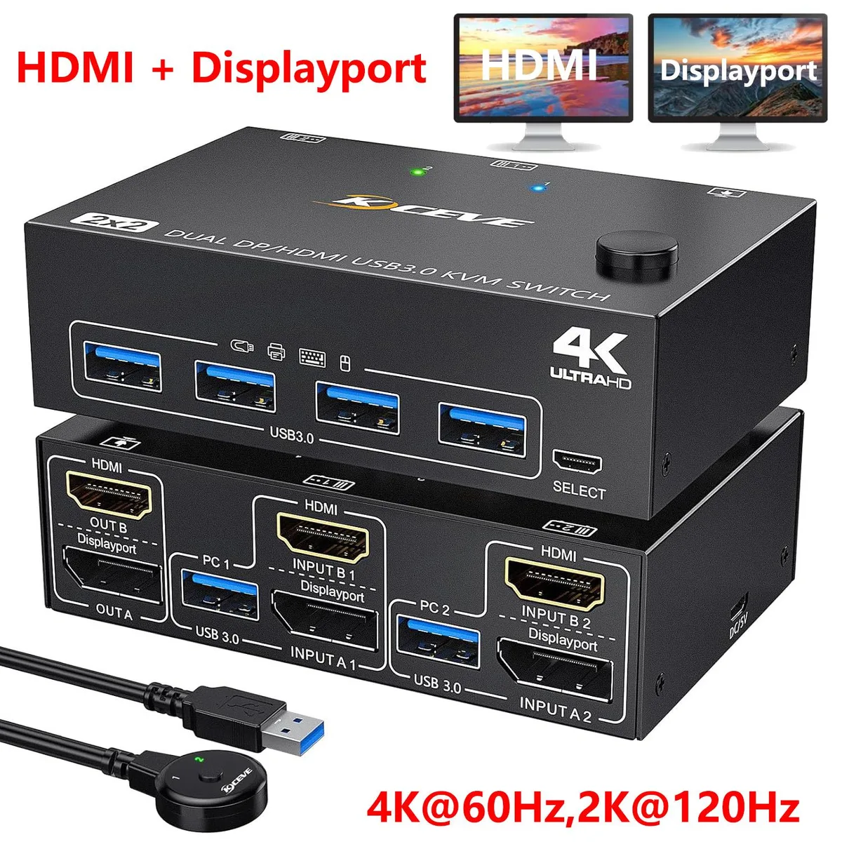 Hitoor Hitoor KVM202DH3 KVM Switch 2 PC 2 Monitors HDMI DP 4K 60Hz USB 3.0 Wired Remote — product photo