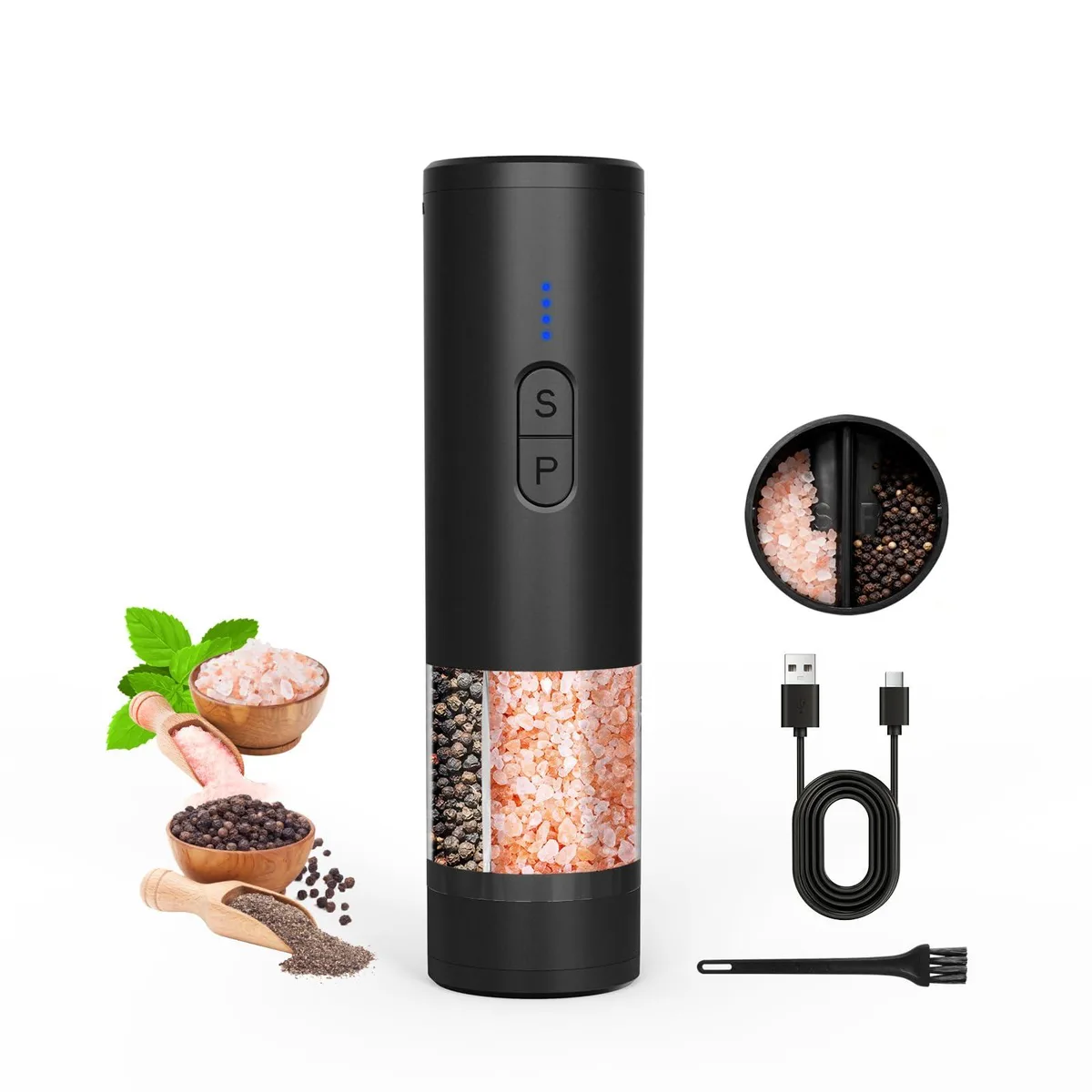  AMOSA Y8 2-in-1 Dual Bin Salt &amp; Pepper Grinder 100ml Black — product photo