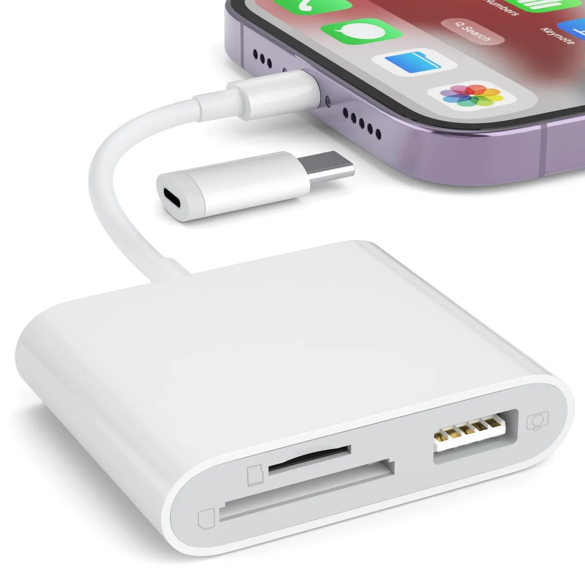 Compact white plastic card reader with Lightning plug and dual SD slots plus USB-A port