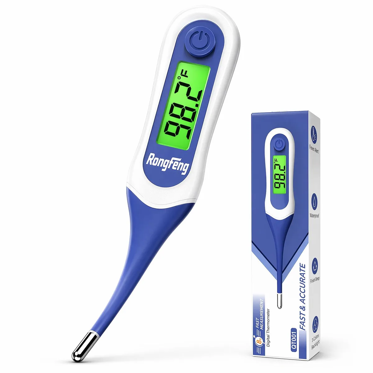  Rongfeng Digital Thermometer Blue 8-Second Oral Rectal Underarm 3-Color Backlit LCD BPA Free Storage Case — product photo