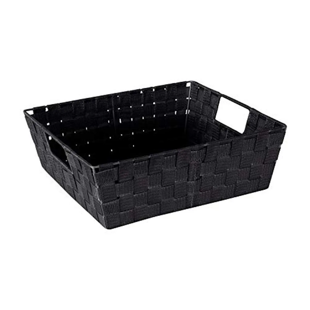 Black woven strap tote with steel frame and integrated handles 15 x 13 x 5