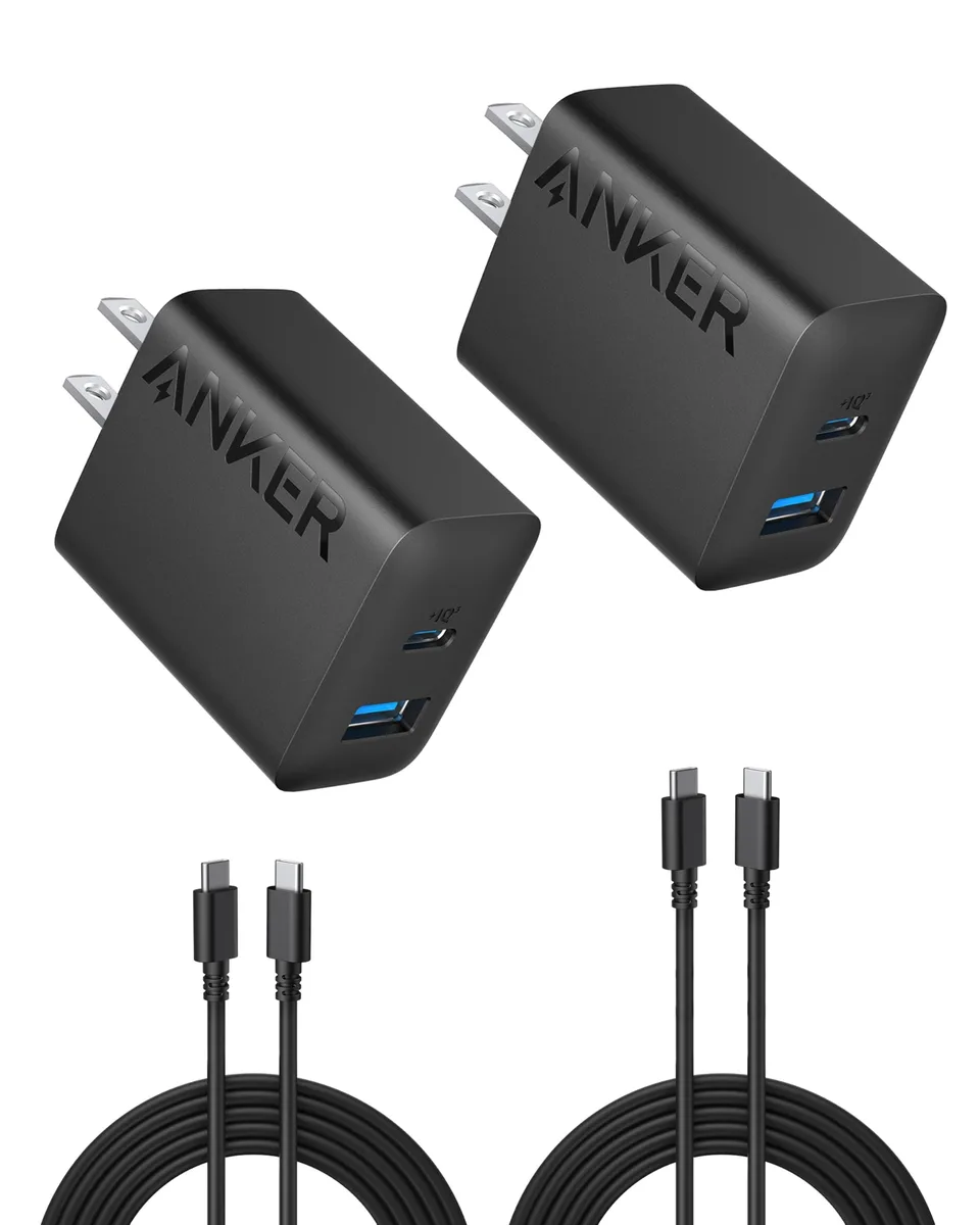 Two black USB-C chargers with cables, compact rectangular shape