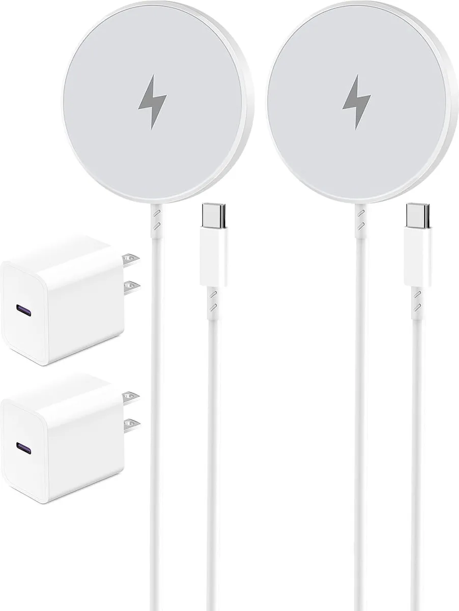 Two white magnetic wireless charging pads with long cables and USB-C power blocks