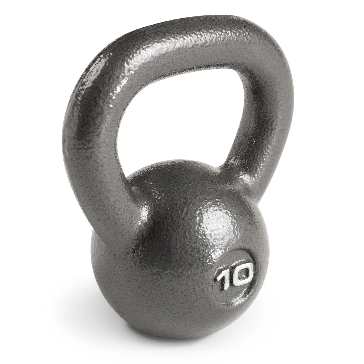 Black cast-iron kettlebell with textured handle, flat base, 10 lbs
