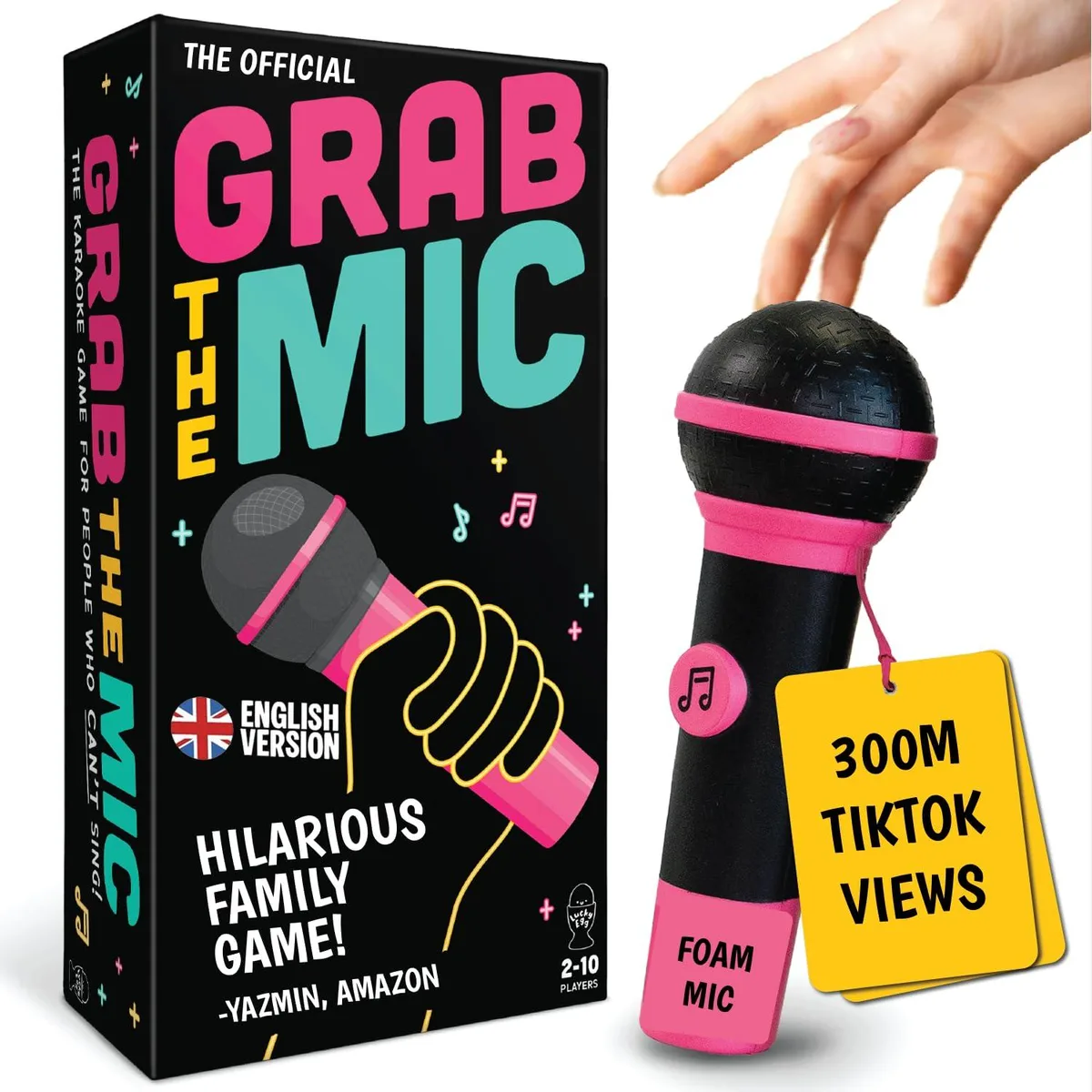 Boxed karaoke board game with foam microphone and black cards