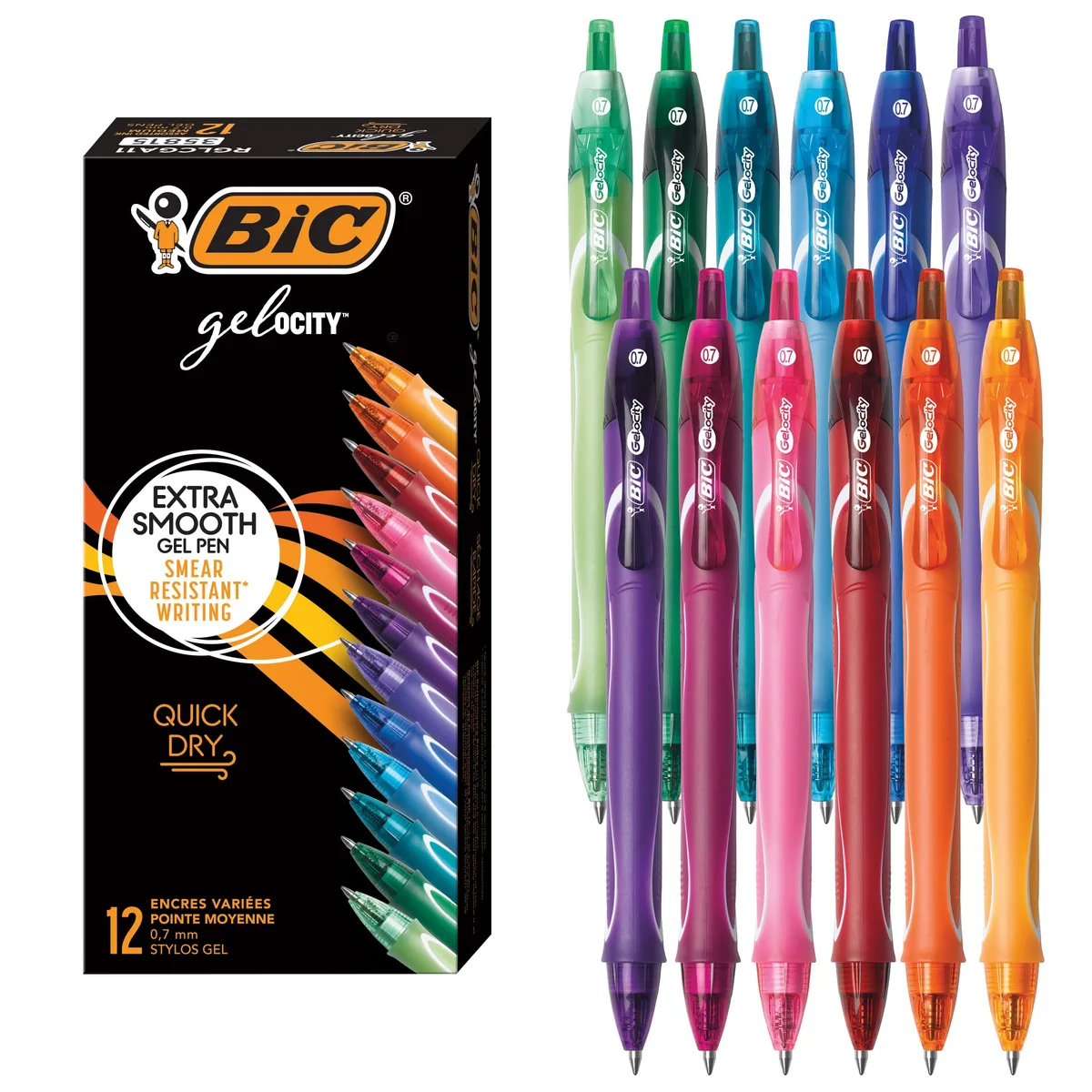 Twelve retractable gel pens with full grips in assorted colours