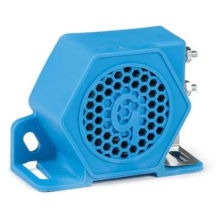 Blue rectangular backup alarm with blunt-cut wires and grommet mount