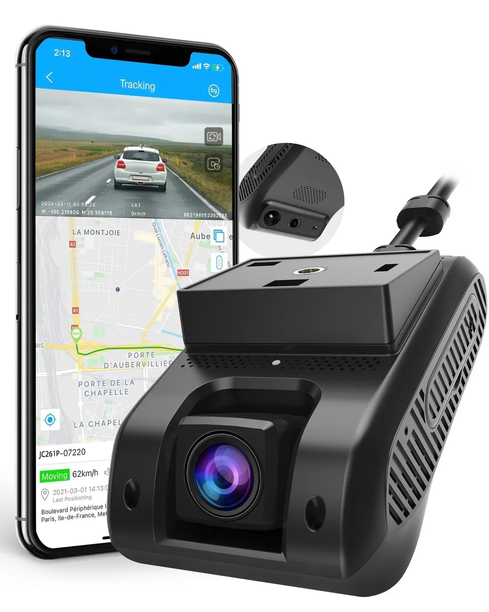 Compact black dual dash camera unit with forward and interior lenses