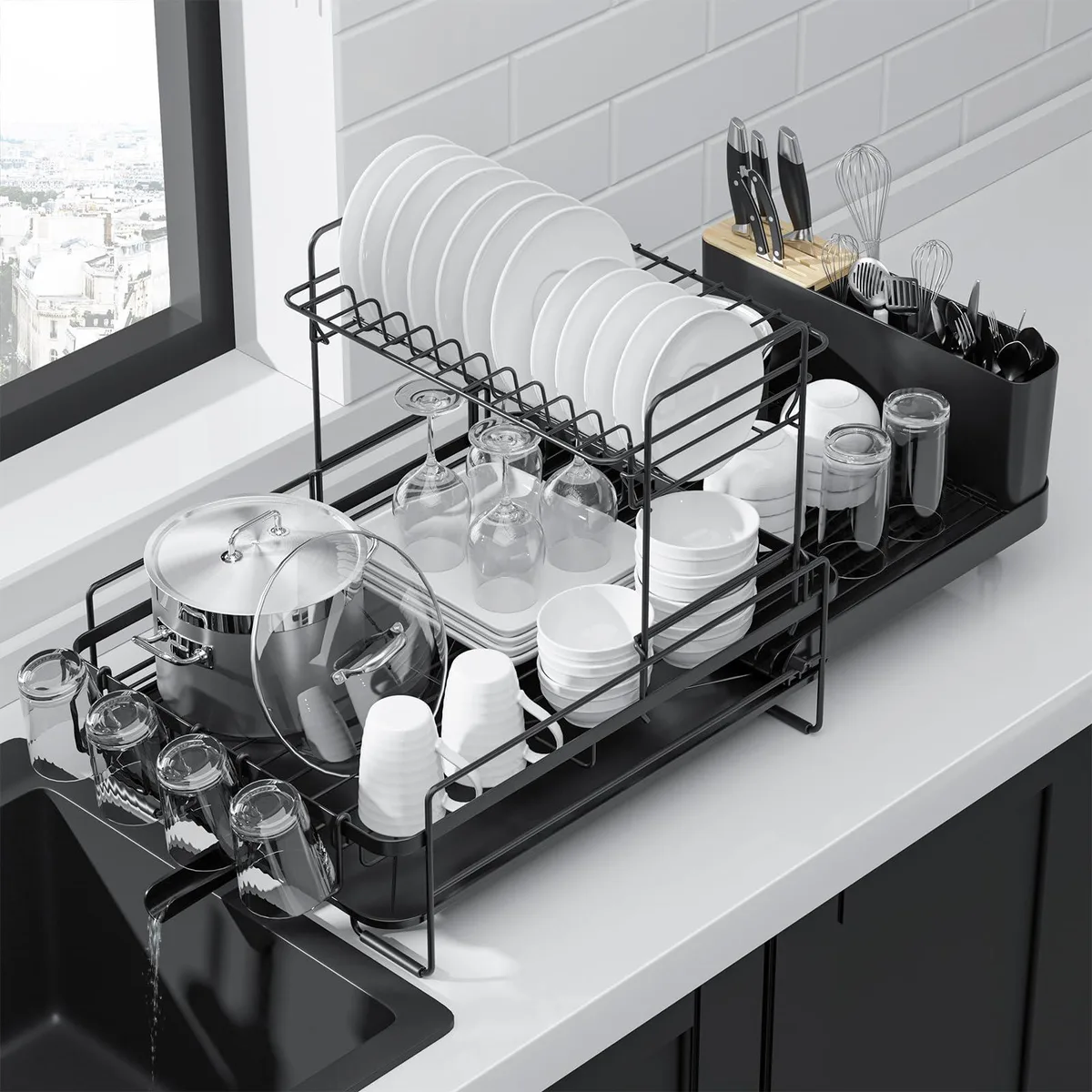 Red plastic two-tier dish rack with cutlery holder and cup holders, extendable from 19.2 to 26.7 inches long