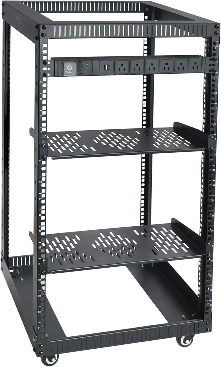 PISKEKAT PISKEKAT 18U Open Frame Server Rack with Brake Casters, 8-Outlet PDU, 2 Shelves Black — product photo