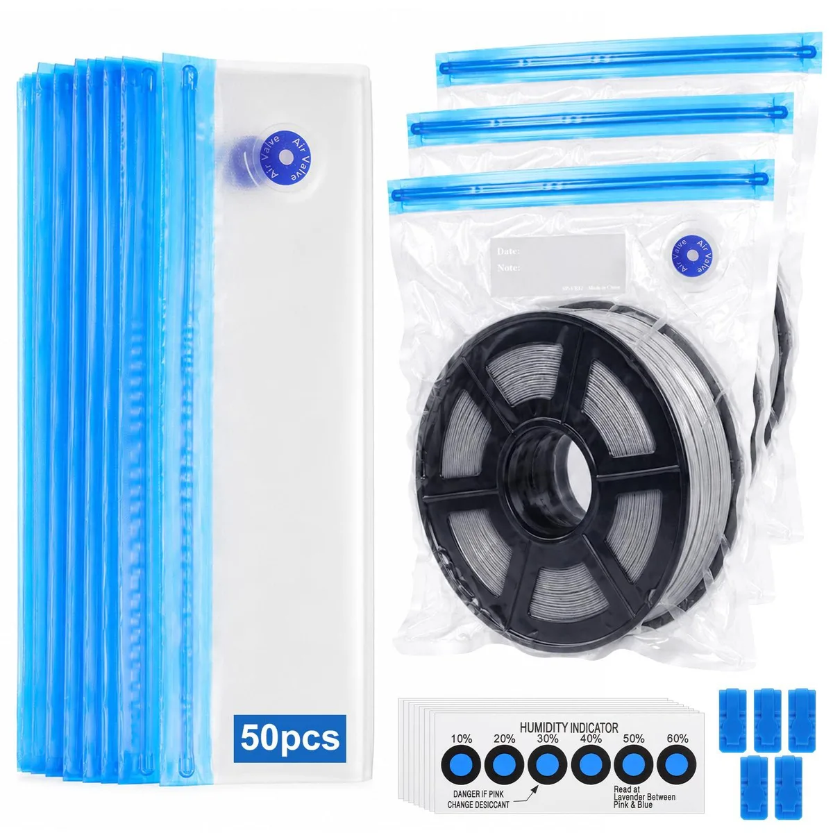  Oqqlin 5313ZWFH6370 Filament Storage Bags Kit 50 bags 11.8x13.4in 5 clips 25 cards — product photo