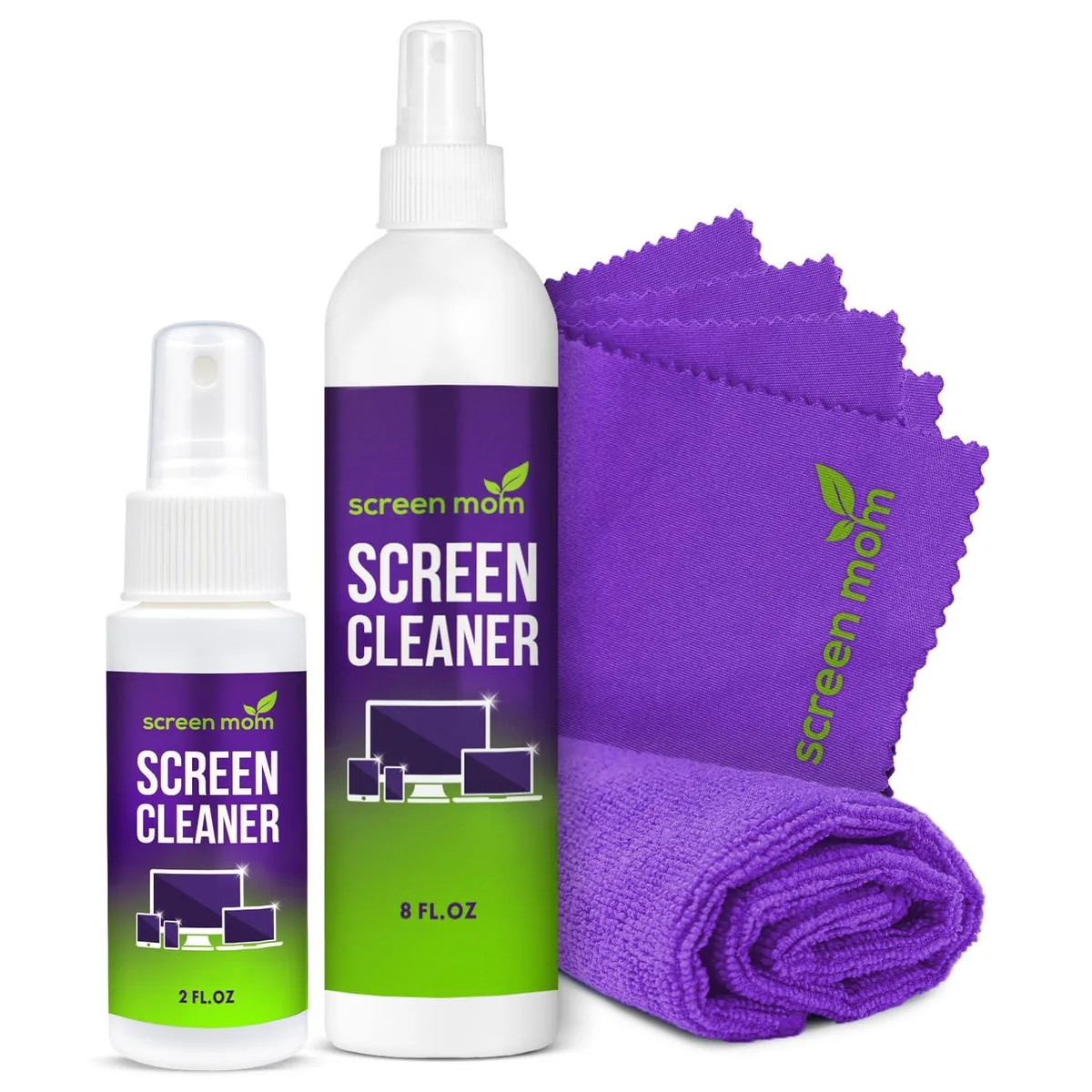 Screen Mom glass care kit with two spray bottles and four microfiber cloths