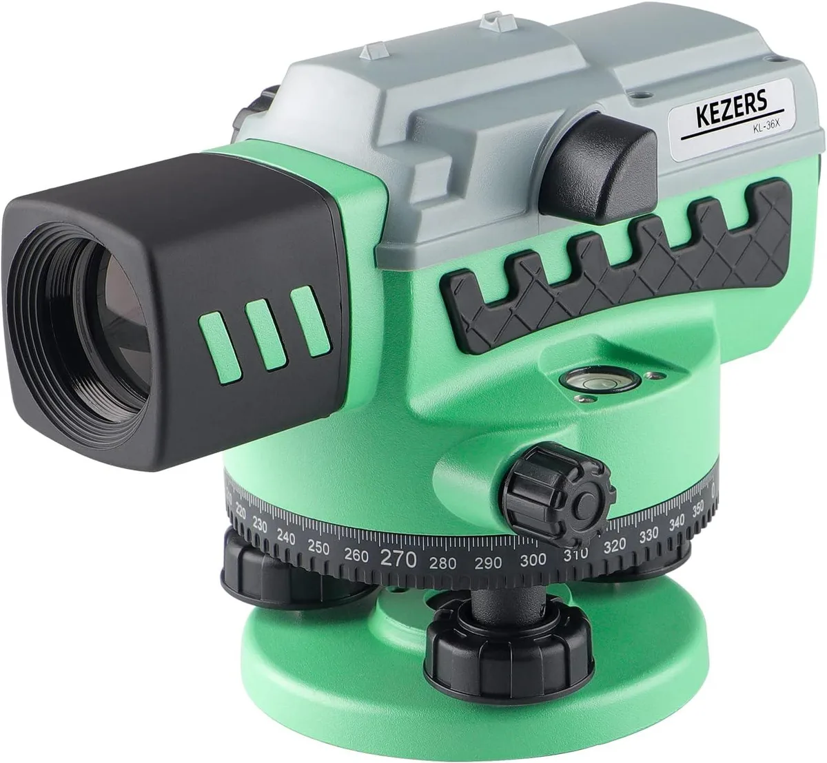 Yellow automatic optical transit level with 36X magnification lens, circular bubble and 90-degree prism in hard carrying case