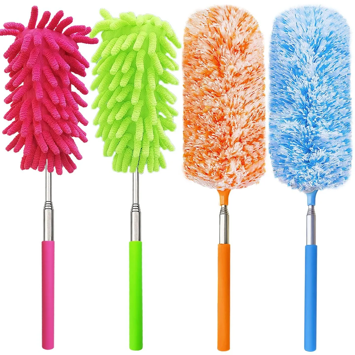 Four extendable microfibre and chenille dusters, telescopic poles 13 to 30 inches, bendable heads, washable heads