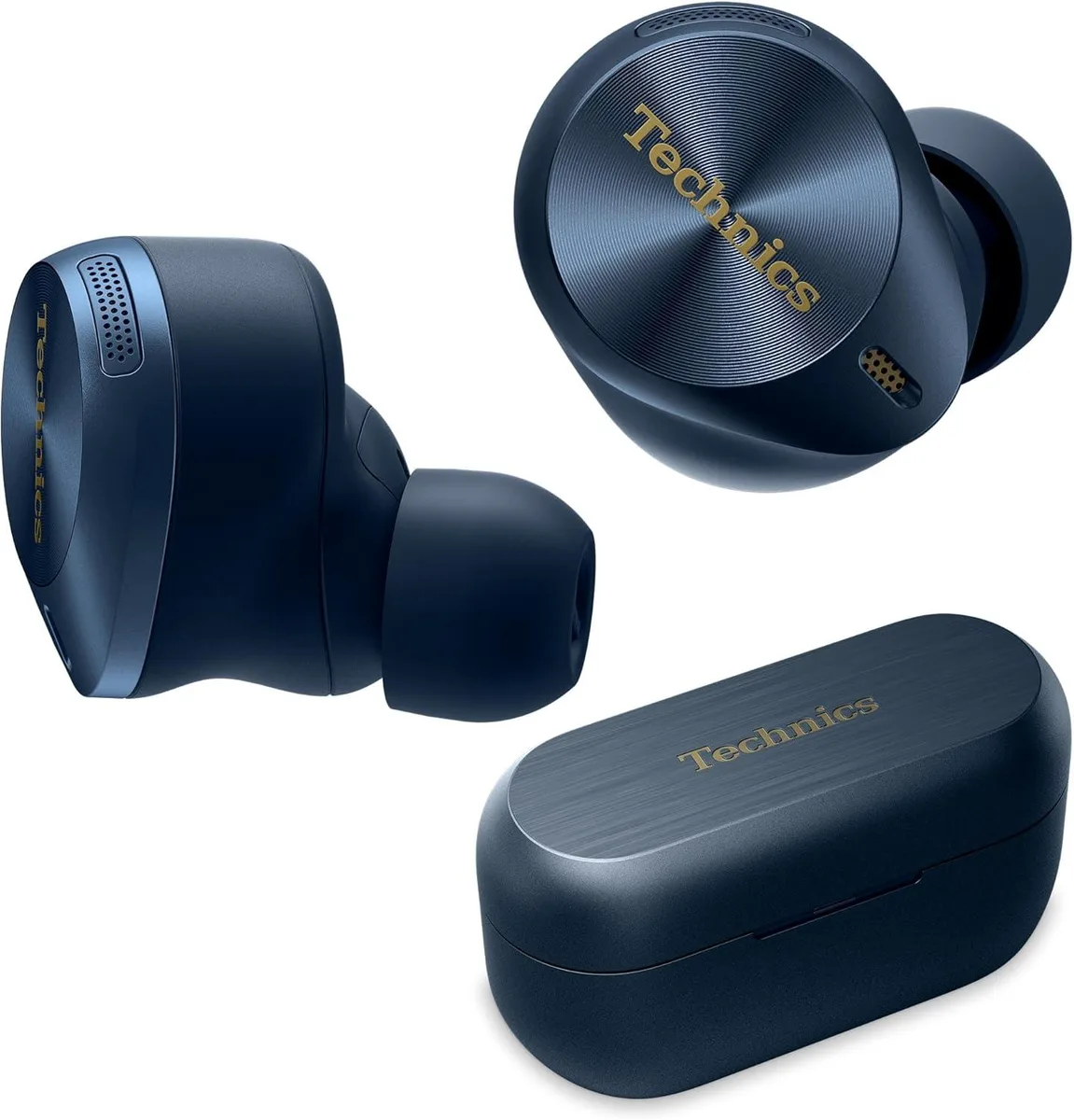 Blue true wireless earbuds in a matching charging case