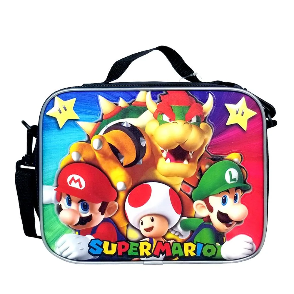 Black Super Bowser lunch bag with zipper, handle and adjustable strap