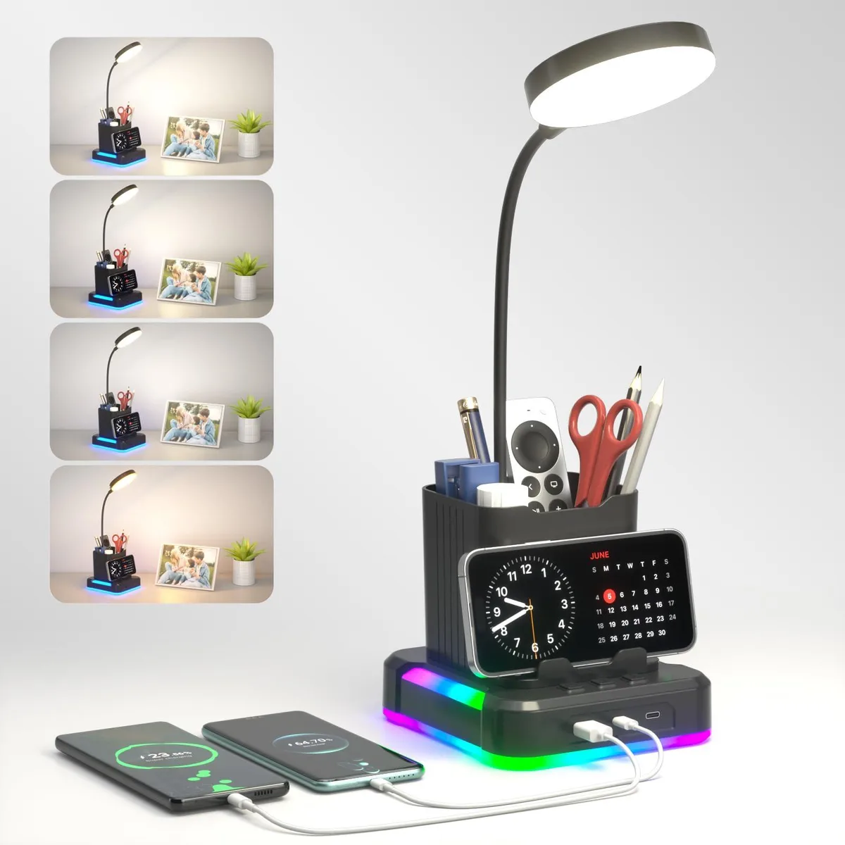 Orange rectangular desk lamp with integrated pen holder and phone stand, 5.43 by 6.1 by 20.08 inches