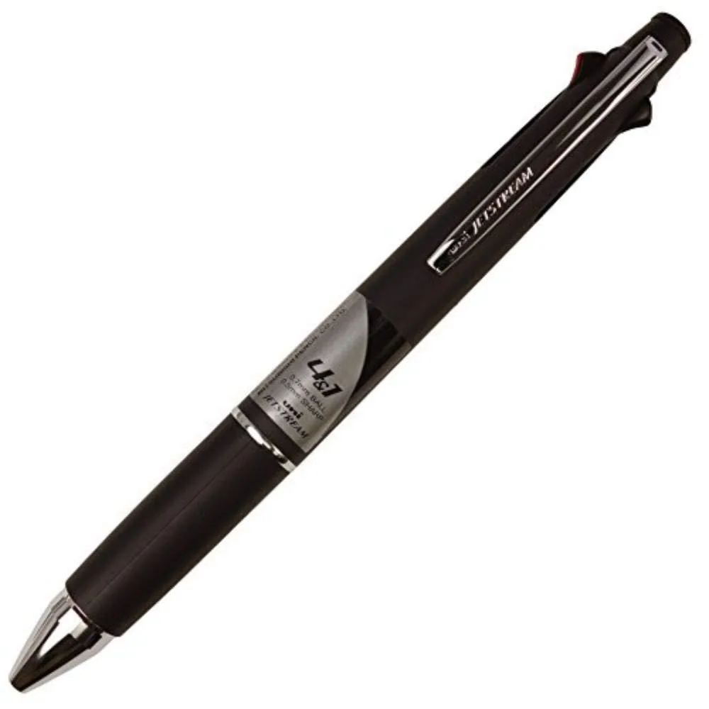 Black multi-function pen with silver accents, rubber grip, four slide levers and mechanical pencil tip