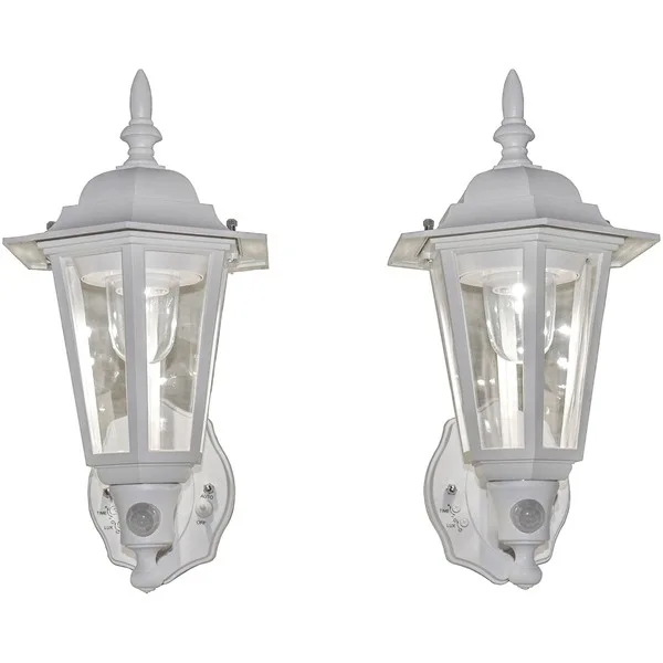 Two white plastic LED wall sconces with motion sensors, battery powered, sold as a pair