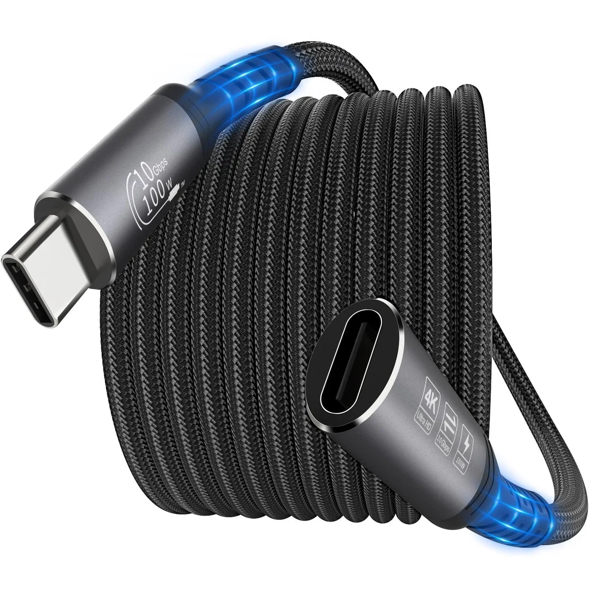 A fifteen-foot USB-C extension cable with a braided nylon jacket and metal connector shells