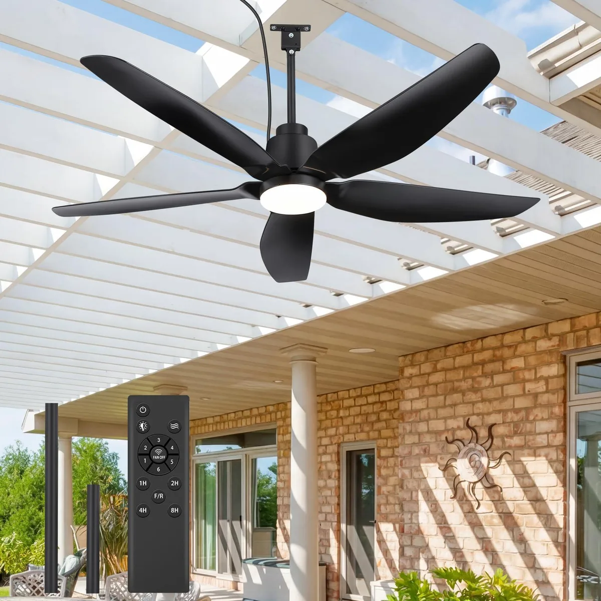 Black 42-inch ceiling fan with five blades and integrated LED light kit