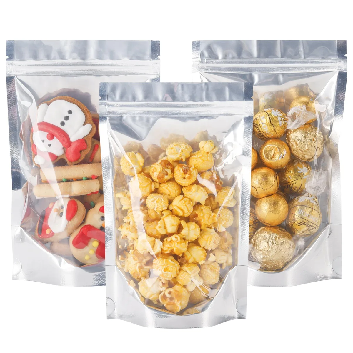 Pack of 100 beige stand-up mylar bags with transparent front and silver foil back