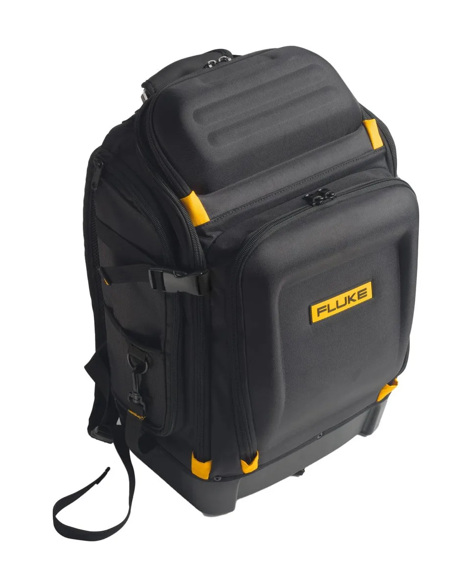 Black polyester tool backpack with moulded waterproof base standing upright showing multiple external pockets and compartments