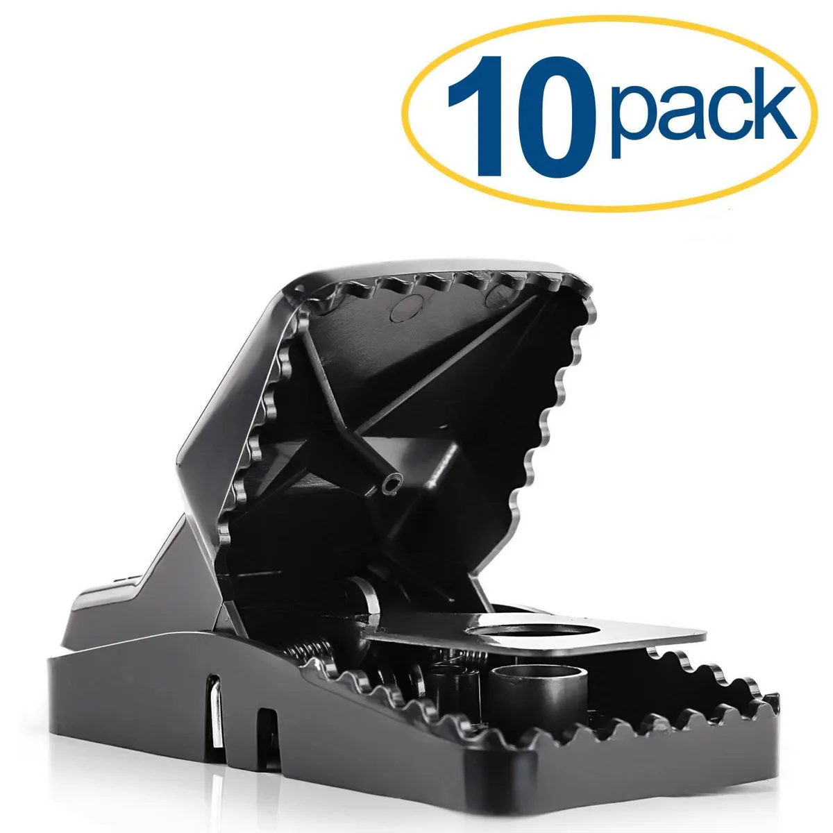 Ten black rectangular rat traps with open jaws and bait cups, each 5.5 inches long