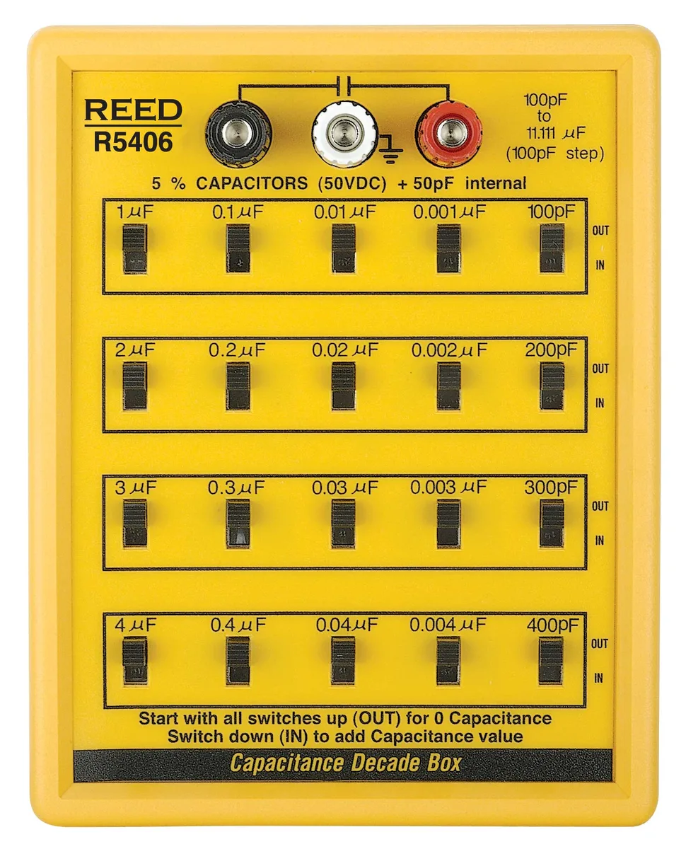 Grey rectangular digital capacitance decade box model 5406 with rotary selector switches