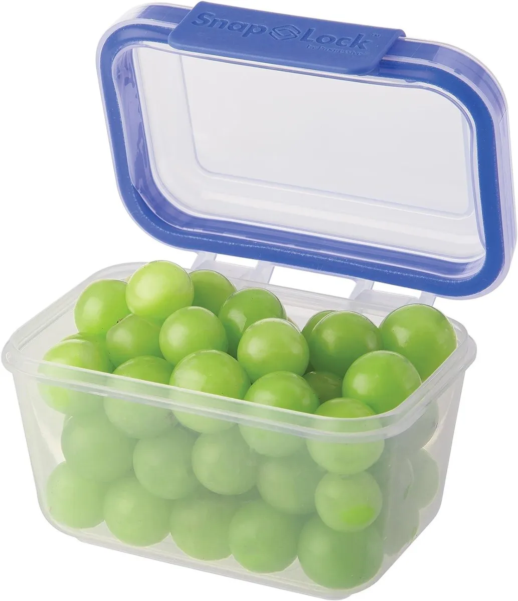 Blue rectangular food storage container with hinged snap-lock lid and silicone seal