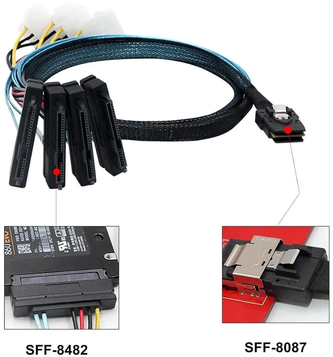 Internal Mini SAS SFF8087 fanout cable to four 29pin SFF8482 connectors with SATA power, 3.3ft
