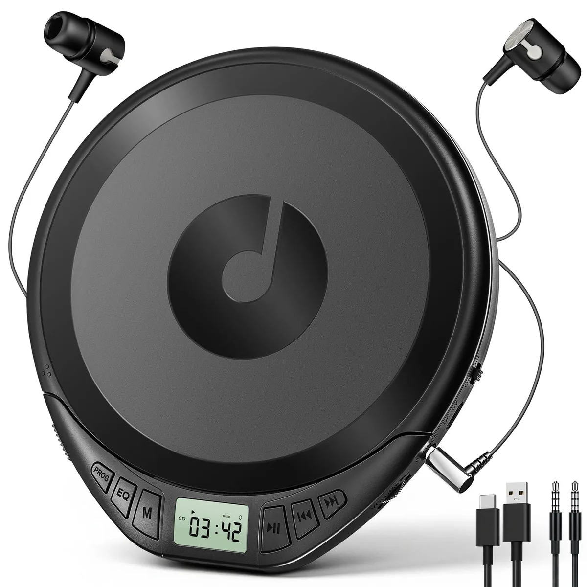 Portable CD Player Black 60s 100s Anti-Skip AUX Cable Headphones — product photo