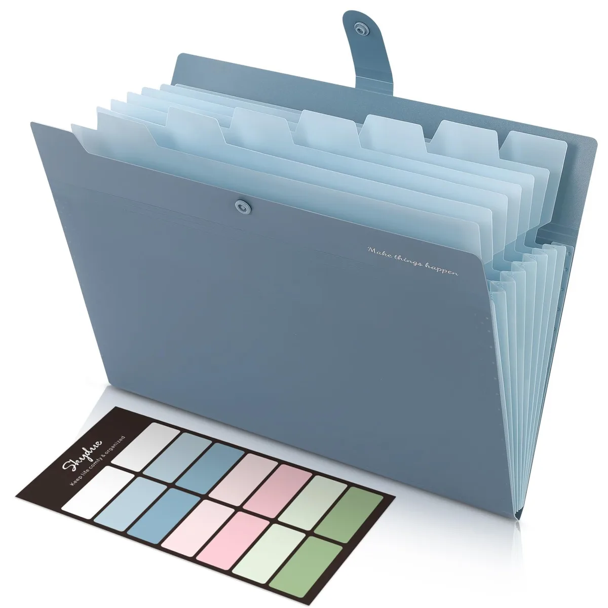 Blue polypropylene expanding file folder with eight pockets and snap closure