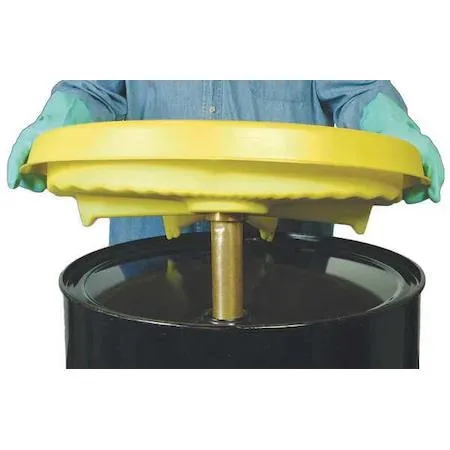 Yellow polyethylene safety funnel, 26in diameter, 5 1/2in tall, brass flame arrestor, fits 2in bung on 30 and 55 gal drums