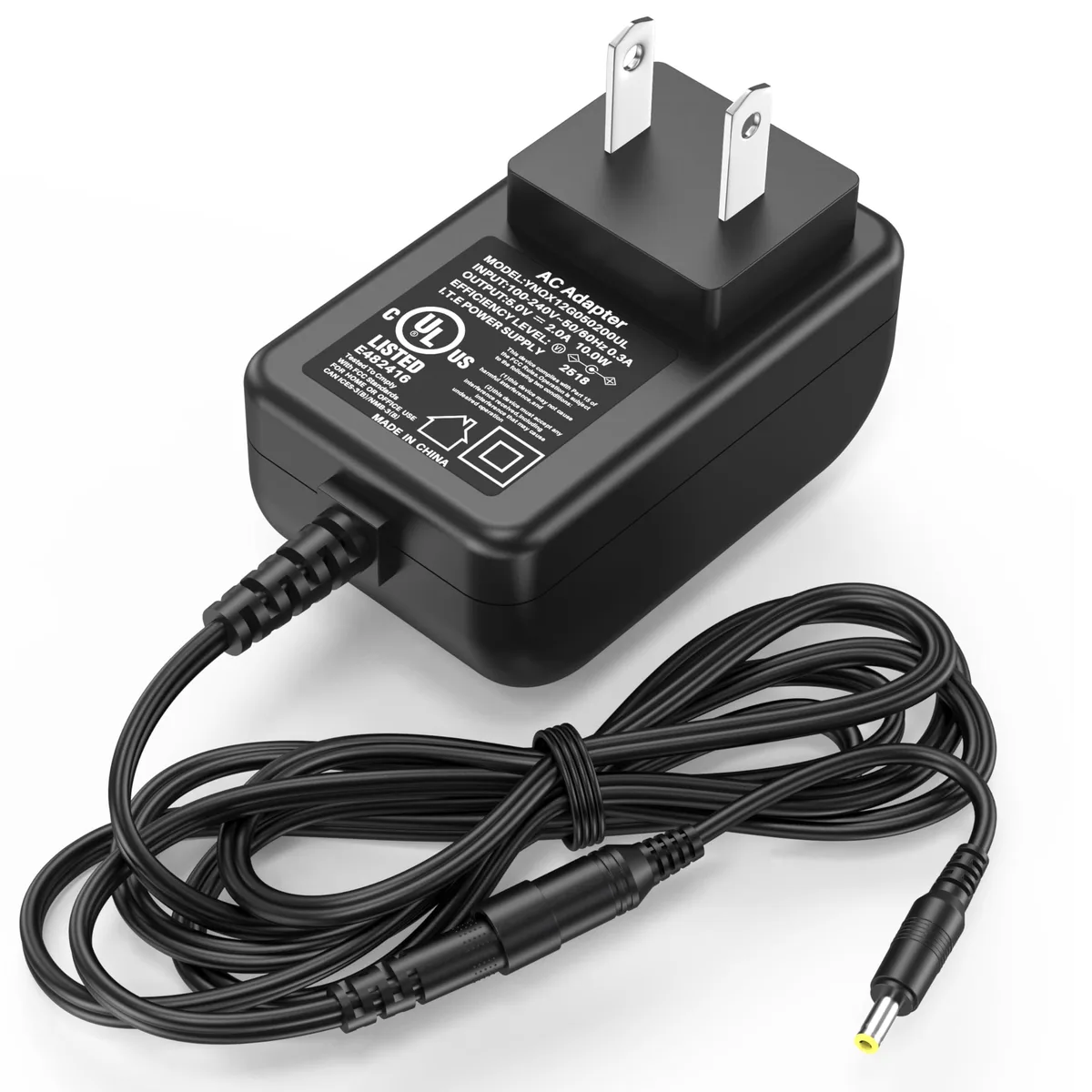 Compact white 5V 2A wall charger with 6.5ft cable and US barrel plug