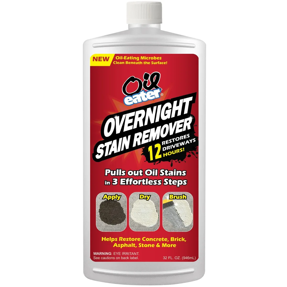 White plastic bottle of overnight oil stain remover for concrete and driveways