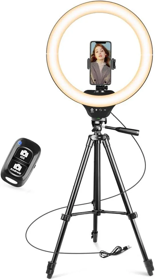 14 inch ring light on 50 inch tripod with phone holder