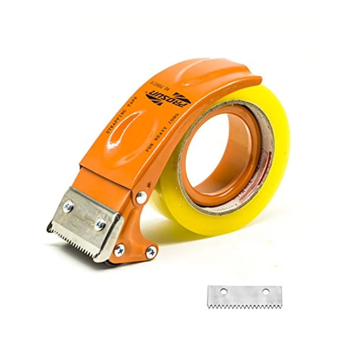 Orange metal handheld tape gun dispenser with ergonomic grip and cutting blade