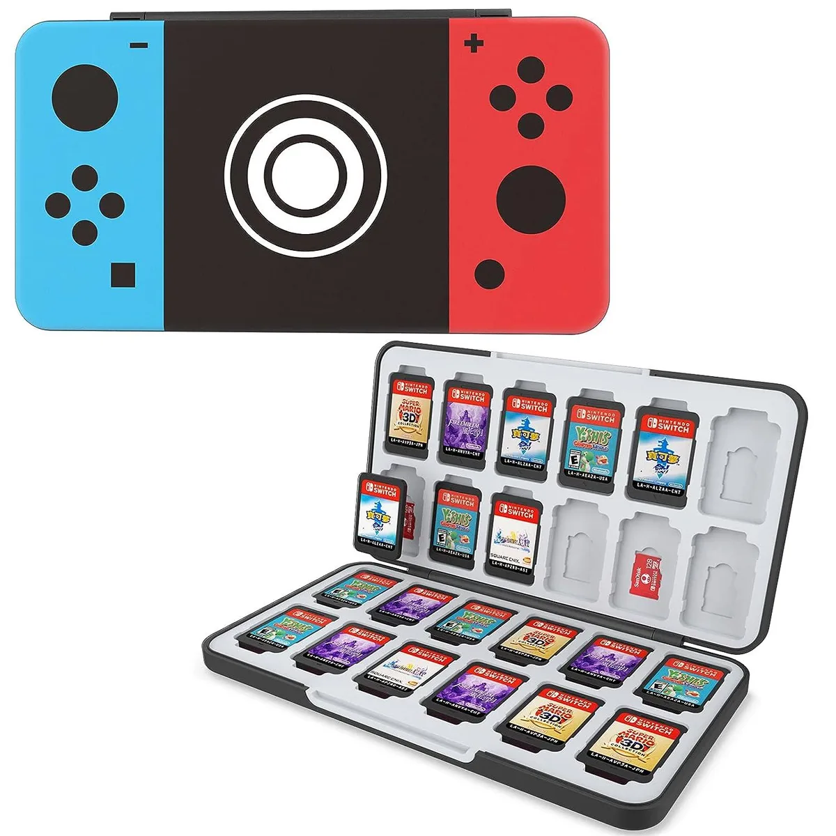 Compact game card case with custom pattern, 24 game card slots and 24 micro SD slots, magnetic clasp, ABS plastic and silicone finish