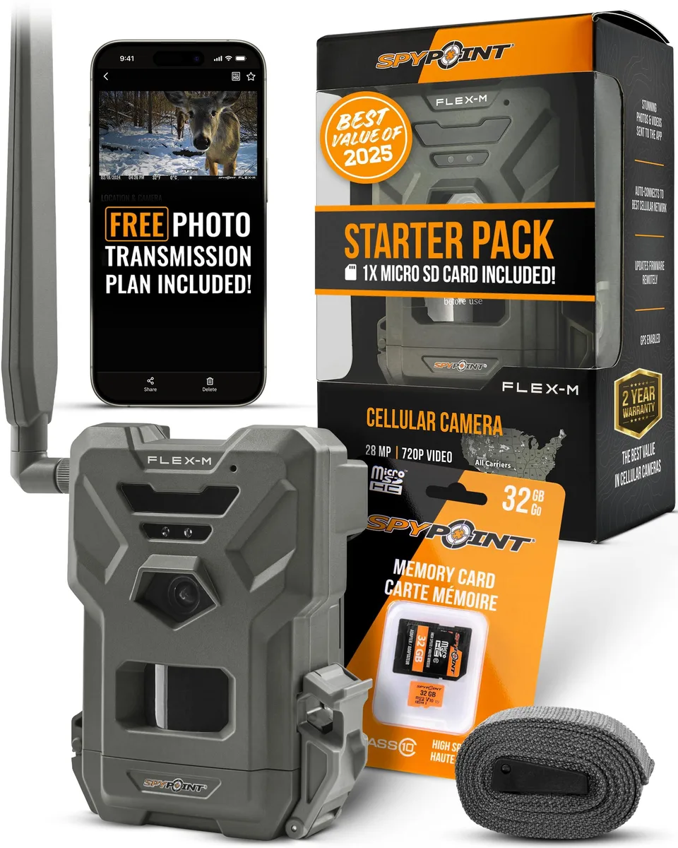 SPYPOINT FLEX-M cellular trail camera starter pack in camouflage housing with strap