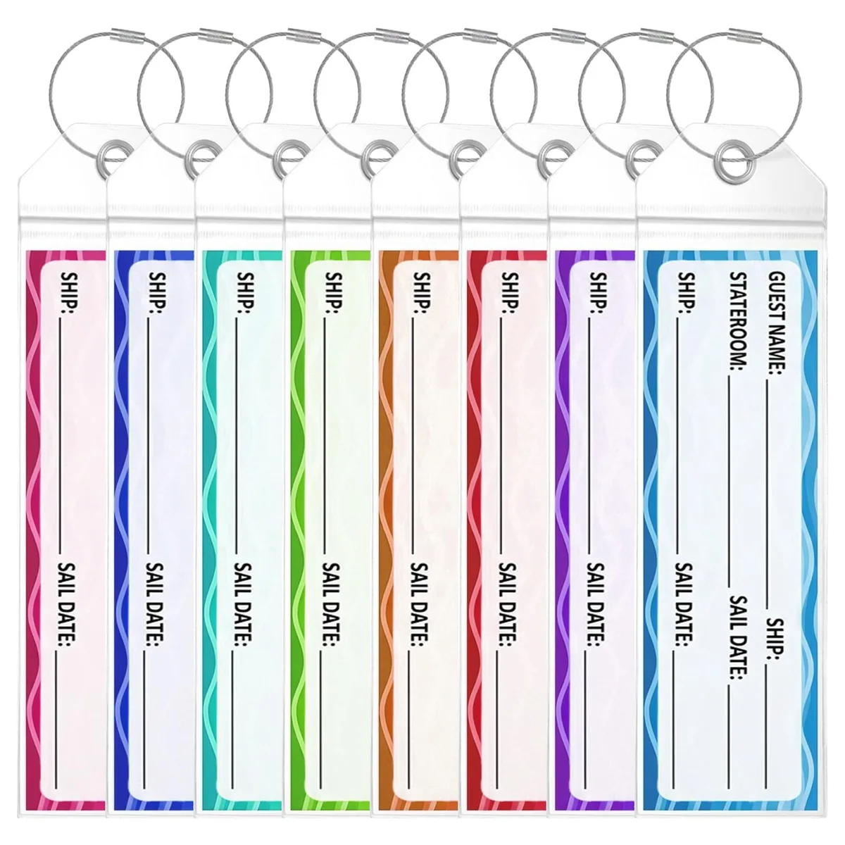 Eight clear PVC tag holders with key rings, 25.5 by 7.5 cm