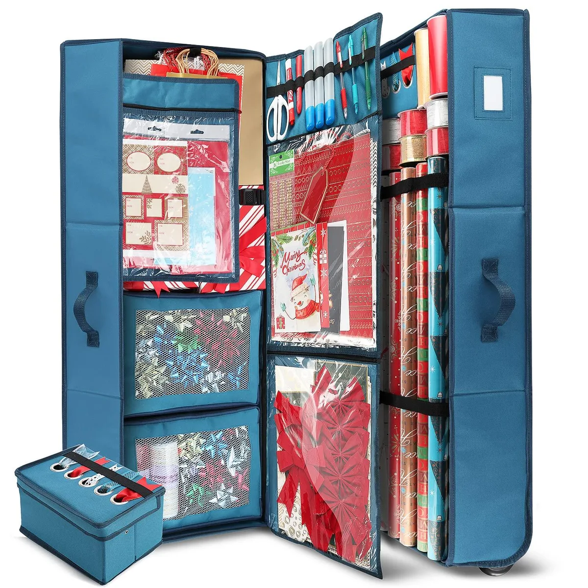 Blue fabric storage box on wheels with top handle and side pockets